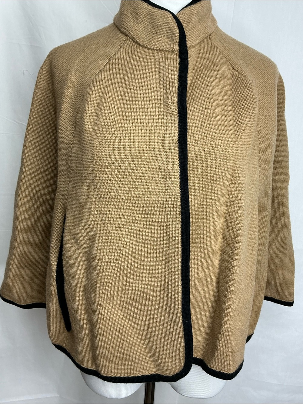 2244 - J. Crew Camel Knit Cape with Black Trim